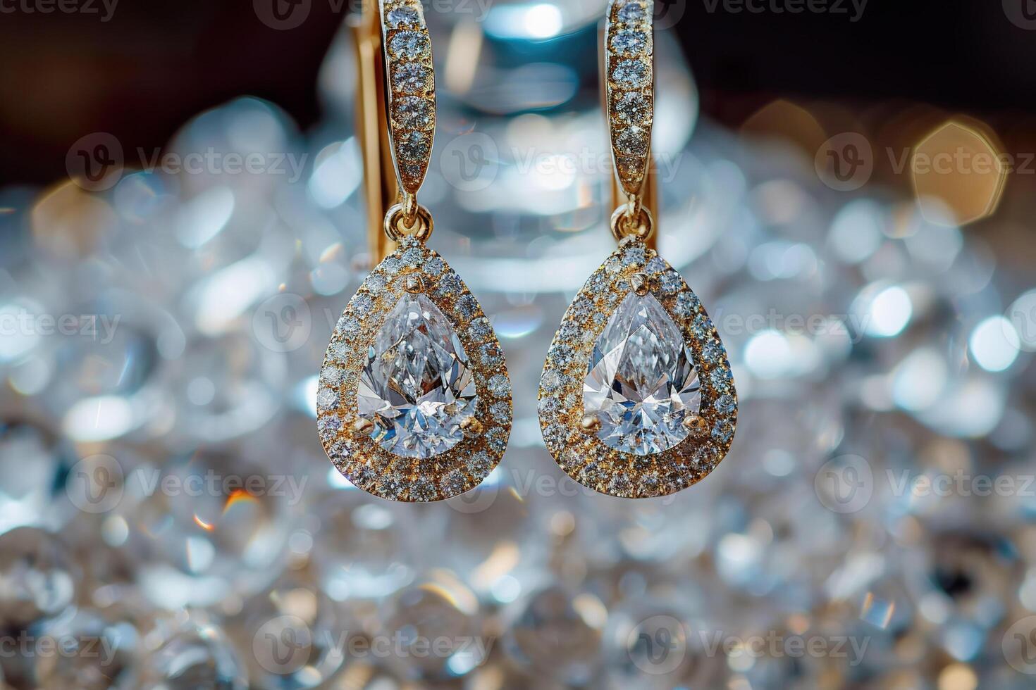 AI Generated Golden drop earrings with crystals over a shiny backdrop photo