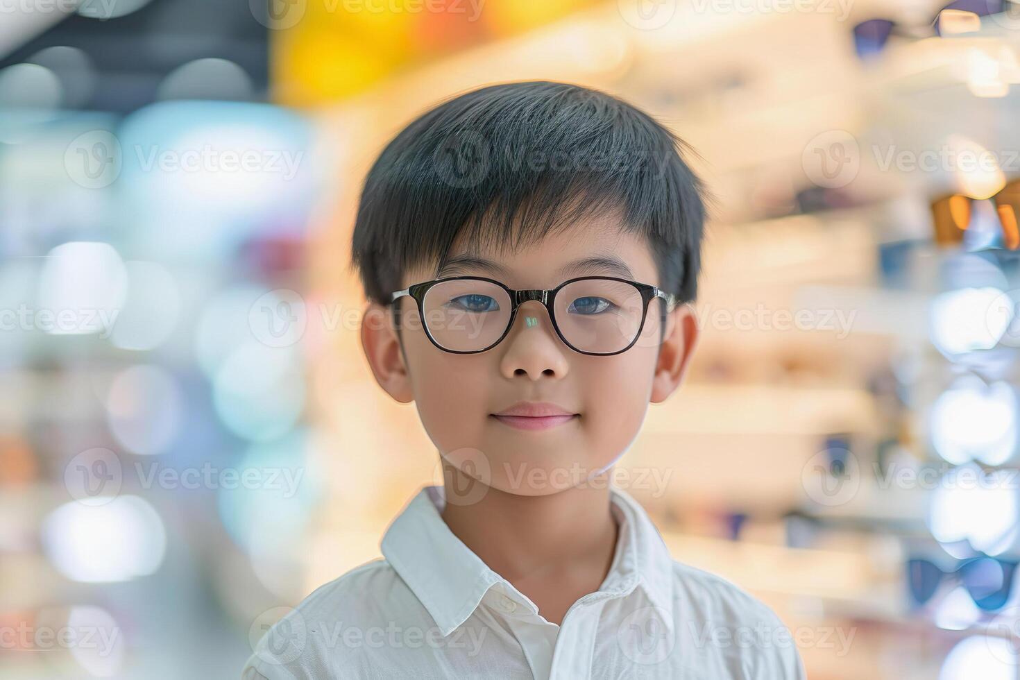 AI Generated Asian boy in optical store trying on new glasses, blurred background photo