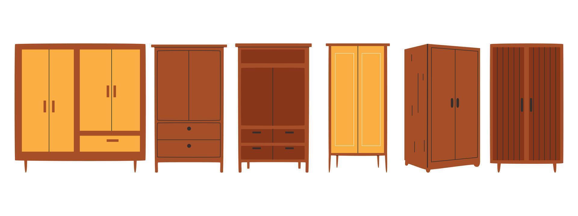 Set of trendy wardrobes in scandinavian style. Modern soft furniture collection. vector