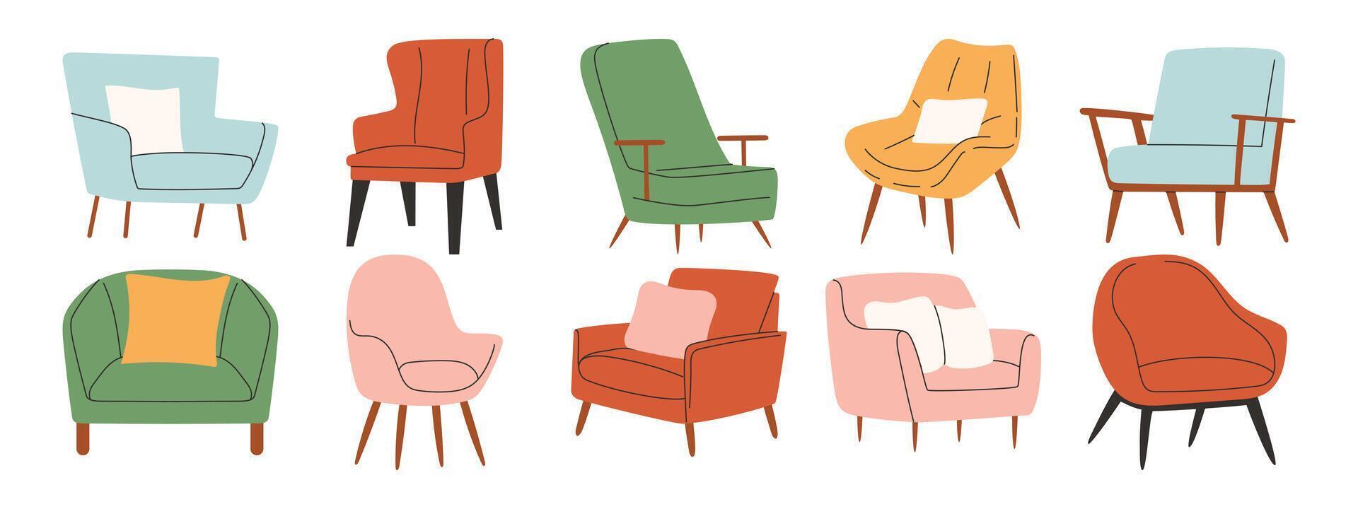 Set of trendy armchairs in scandinavian style. Modern soft furniture collection. vector