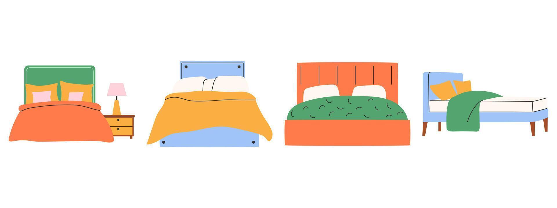 Set of trendy beds in scandinavian style. Modern soft furniture collection. vector