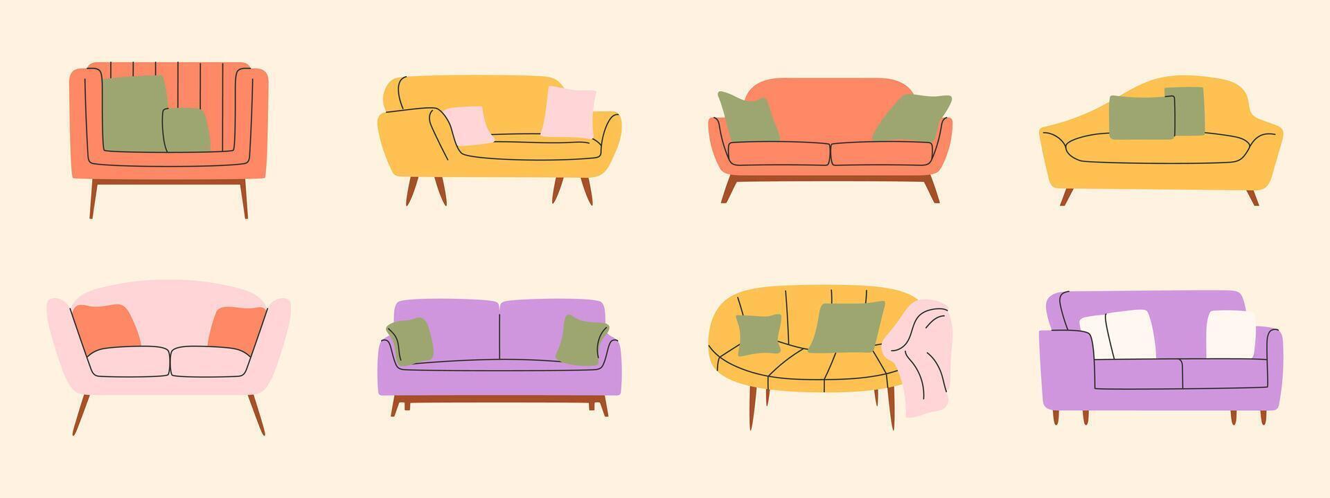 Set of trendy sofas in scandinavian style. Modern soft furniture for cozy home interior. vector