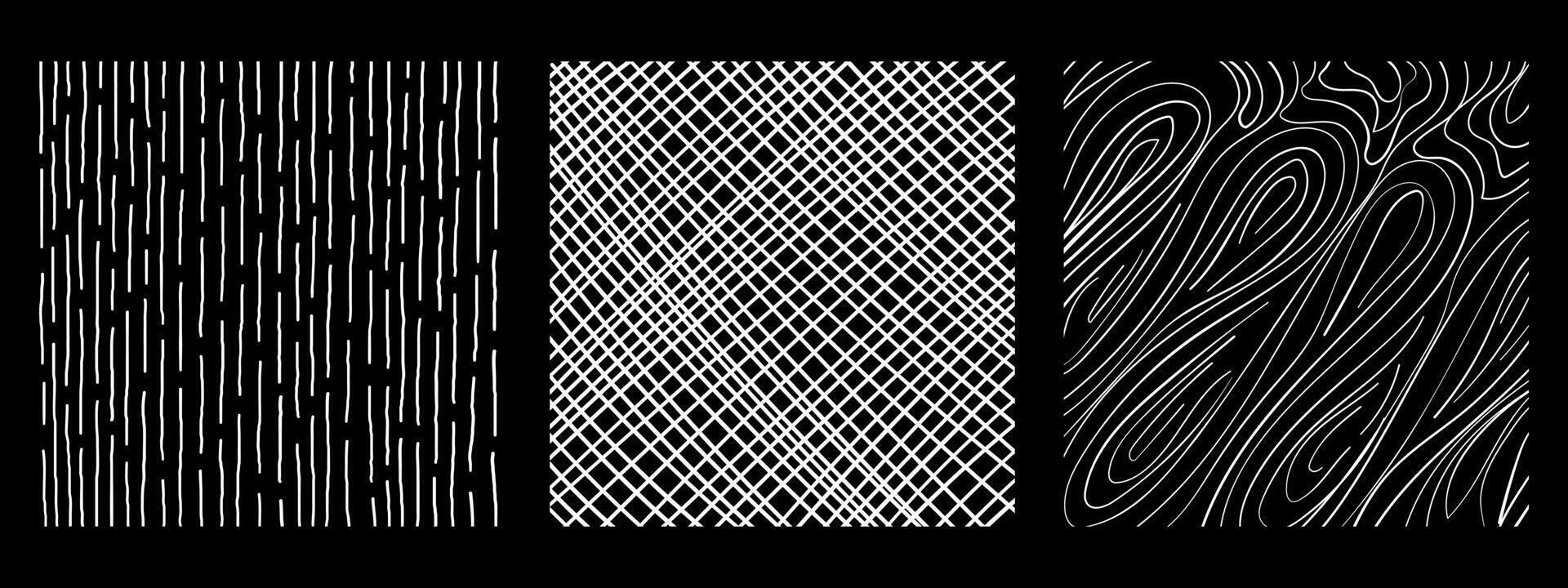 Graphic vector freehand textures set with different hand drawn squares patterns. Pencil lines on black background.