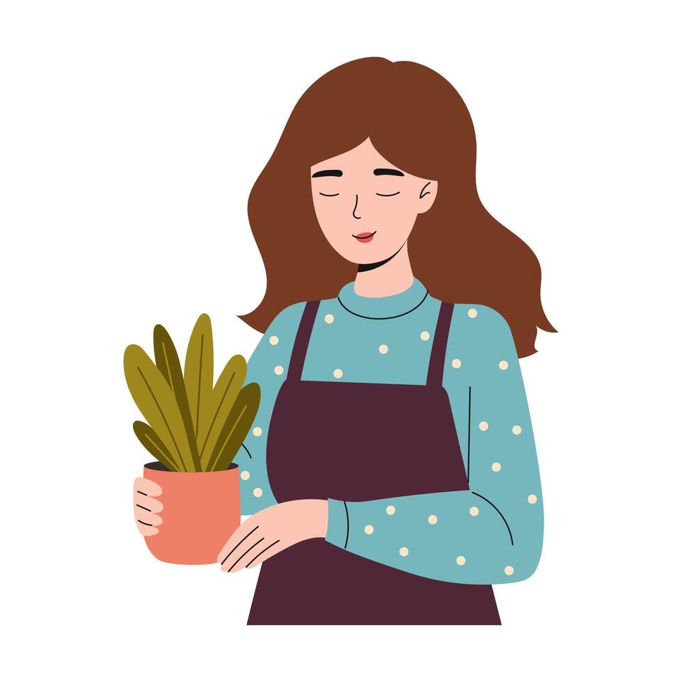 Cute gardener girl holds flower pot in her hands. Urban gardening. Vector illustration.