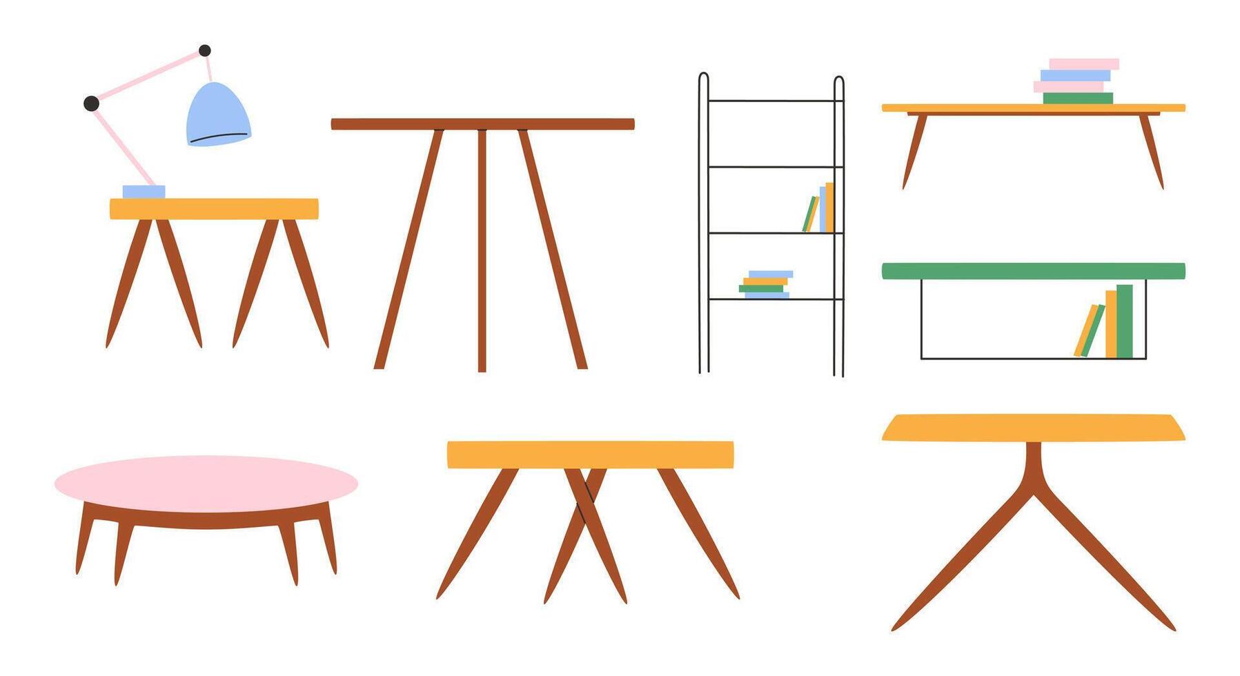 Set of trendy tables in scandinavian style. Modern soft furniture collection. vector
