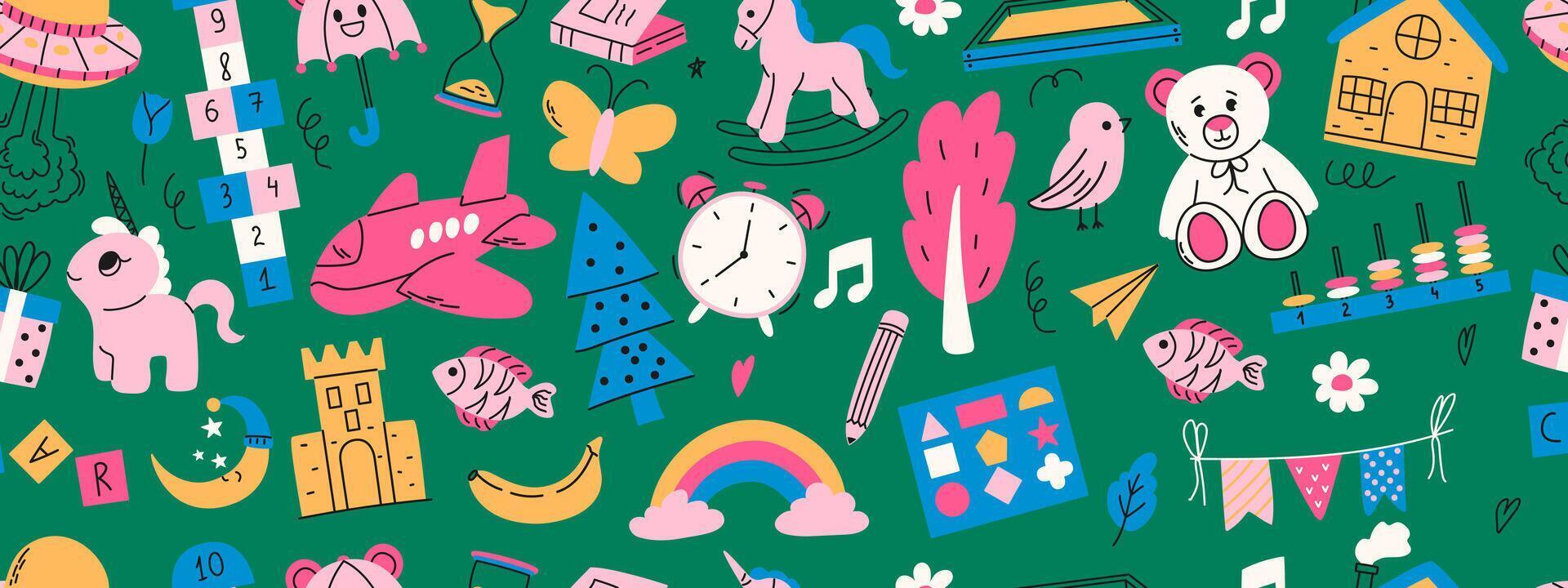 Colorful seamless pattern with daycare doodle. Montessori, hopscotch, toys, flower, umbrella, house, book and other elements. vector