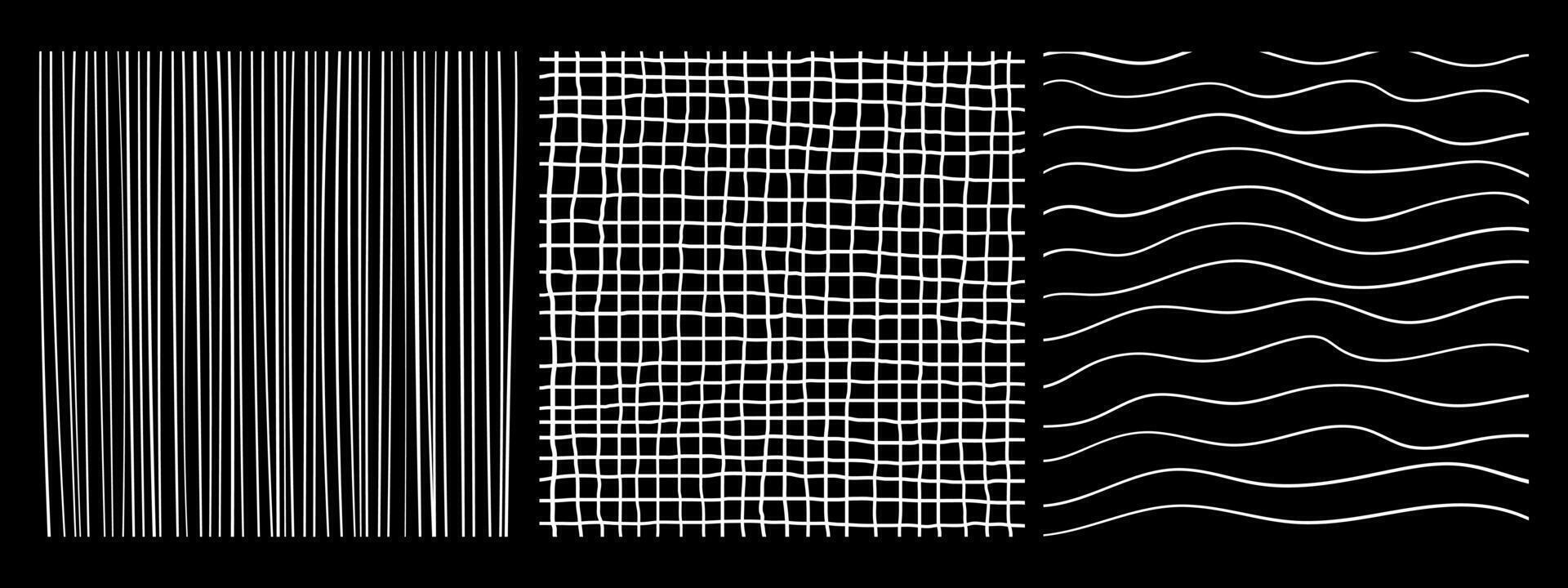 cuadrícula patrones con mano dibujado lineal eclosión y rayado transversal texturas lápiz líneas en negro antecedentes. vector