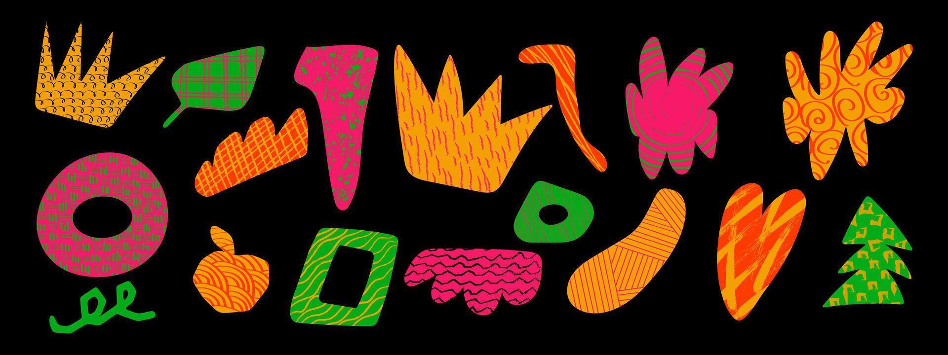 Collection of freeform organic elements with grunge texture. Doodle design shapes. vector