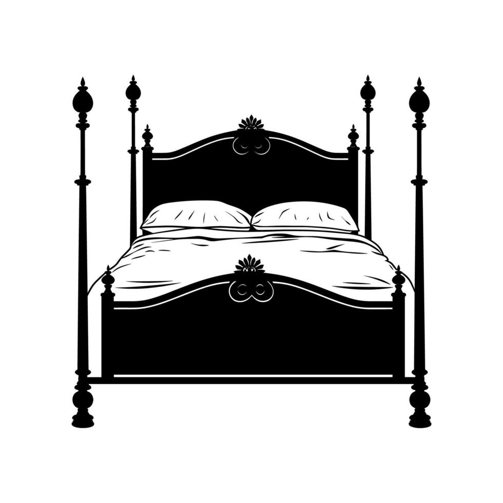 Bed furniture silhouettes, Double bed vector icon, Bed silhouette in black color.