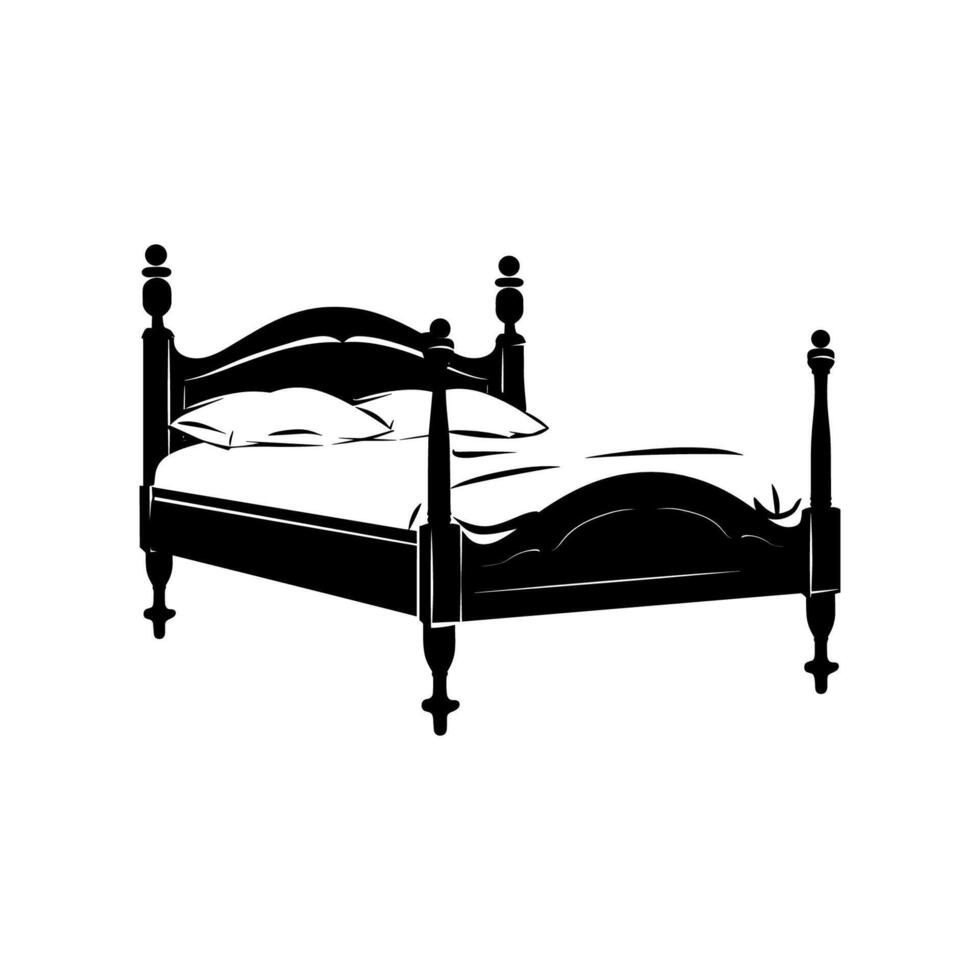 Bed furniture silhouettes, Double bed vector icon, Bed silhouette in black color.