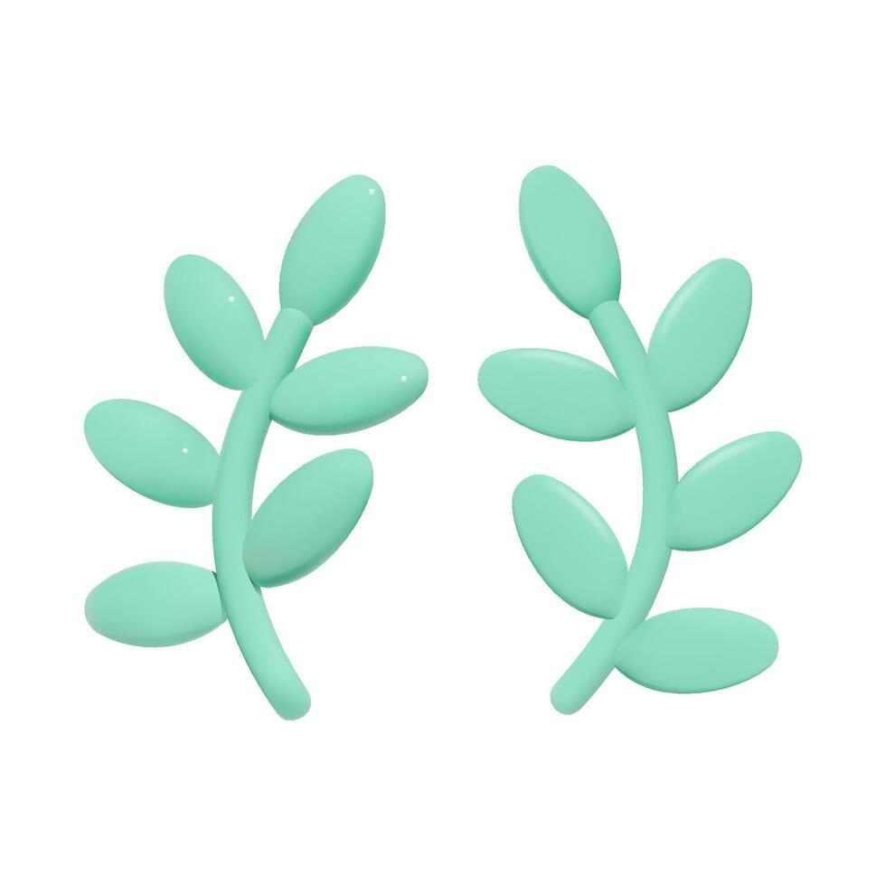 Two simple green twigs with oval leaves. 3D vector succulent plants isolated on white background. Cartoon branch icon.