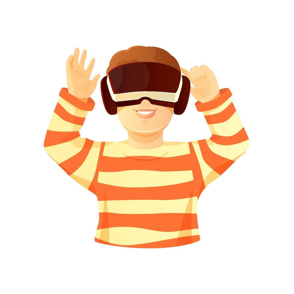 Boy wearing VR glasses putting hands out in excitement isolated on white background. vector