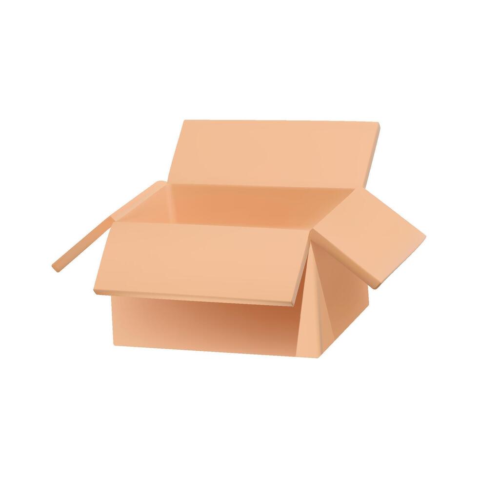 Simple 3D illustration of open cardboard box empty and isolated on white background. Vector icon.