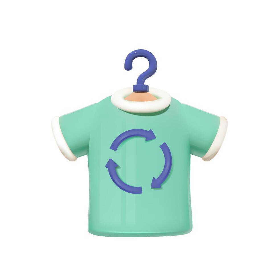 Green T-shirt with recycling symbol on hanger on white background. 3D vector icon of sustainability or recycled clothing. Reselling used apparel.