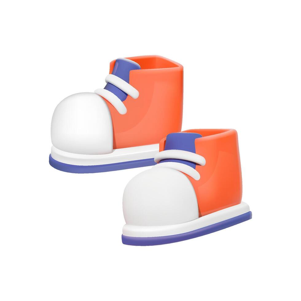 Illustration of pair orange and white sneakers with blue accents isolated on white background. 3D vector shoes. Fashion footwear icon.