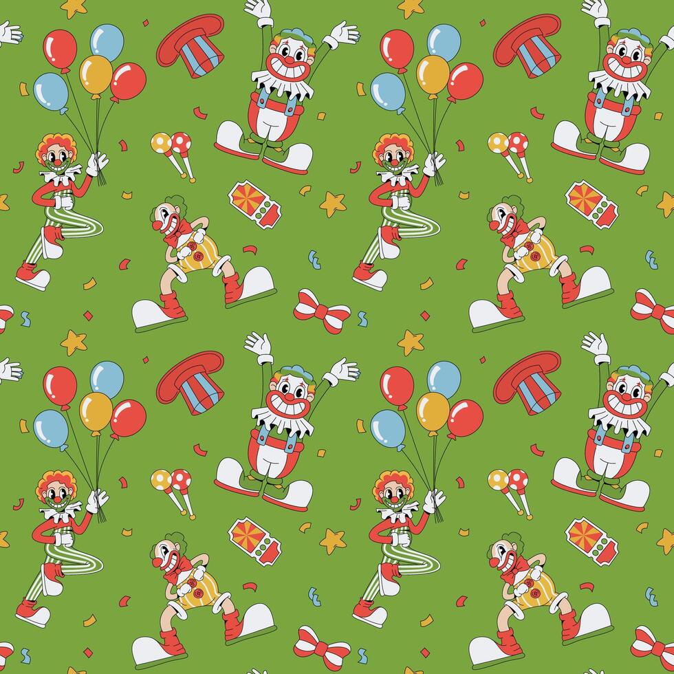 Seamless pattern with clowns and various circus objects on green background. Funny characters in groovy style. Vector illustration.
