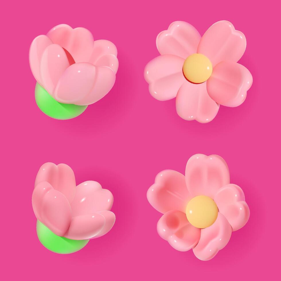 A collection of glossy 3D pink flowers on a vibrant pink background. vector