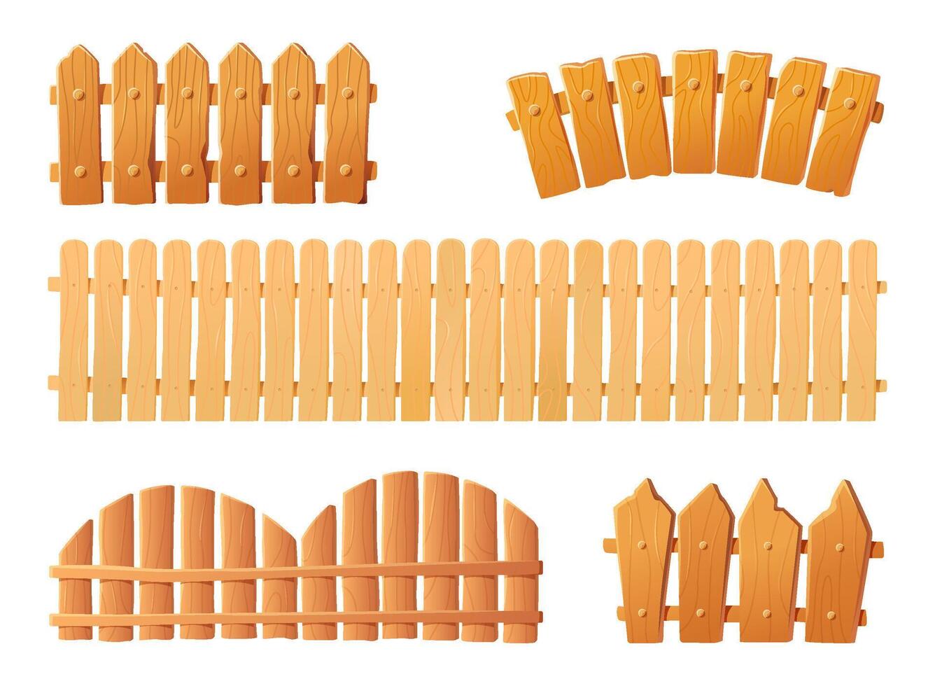 colección de dibujos animados de madera cercas conjunto de recintos en varios estilos. vector ilustración de barreras de varios formas y longitudes aislado en blanco antecedentes.