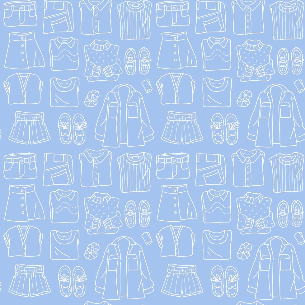 Seamless Pattern of Doodle Clothing Outlines on Blue. Simple sketched garment items. vector