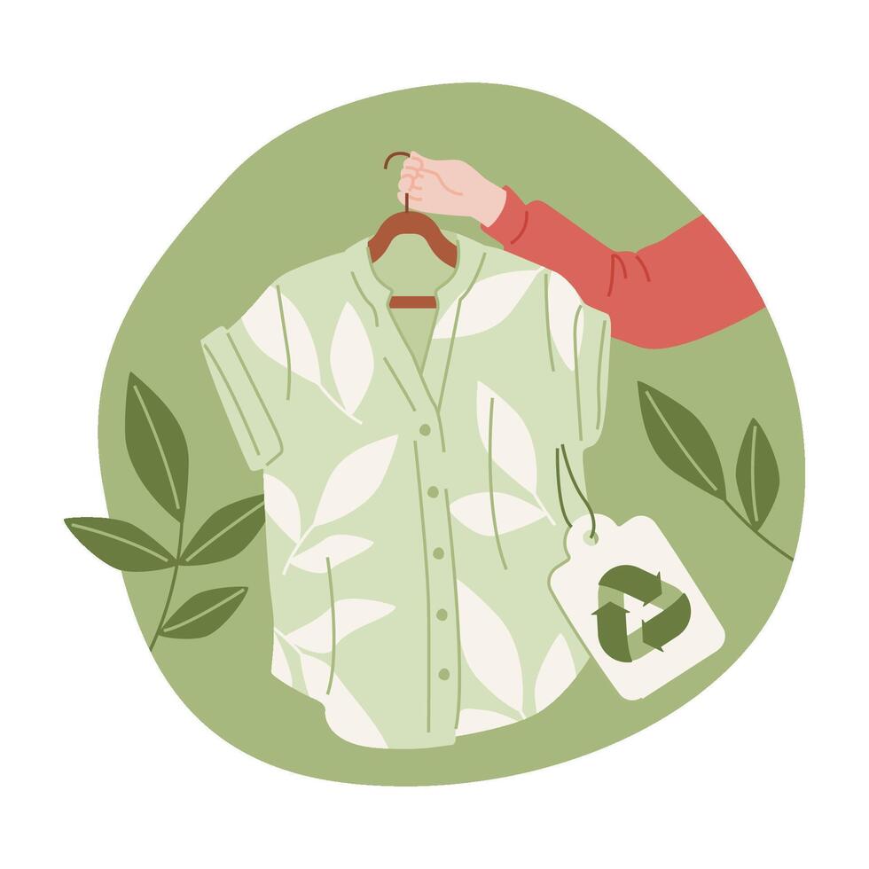 Hand holding hanger with leaf-patterned shirt and recycle tag. Clothing made from sustainable materials. Flat vector illustration Reselling apparel and Conscious consumption.