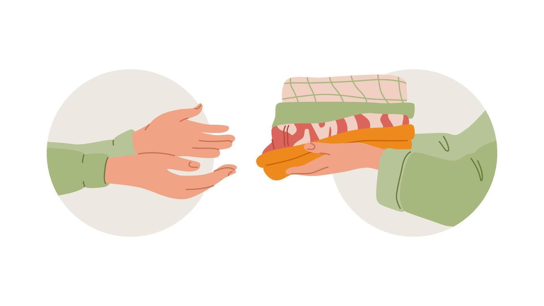 Stack of folded clothes is being passed from hand to hand. Charitable donation of warm apparel. Sale or contribution of used garments. Flat vector illustration with simple lines.