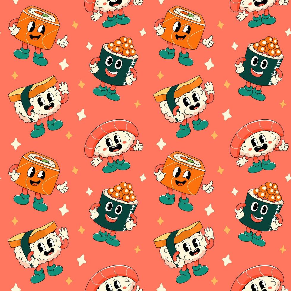 Seamless pattern with cartoon groovy sushi and sashimi characters on red background. Food vector illustration.