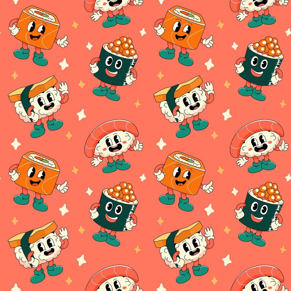 Seamless pattern with cartoon groovy sushi and sashimi characters on red background. Food vector illustration.