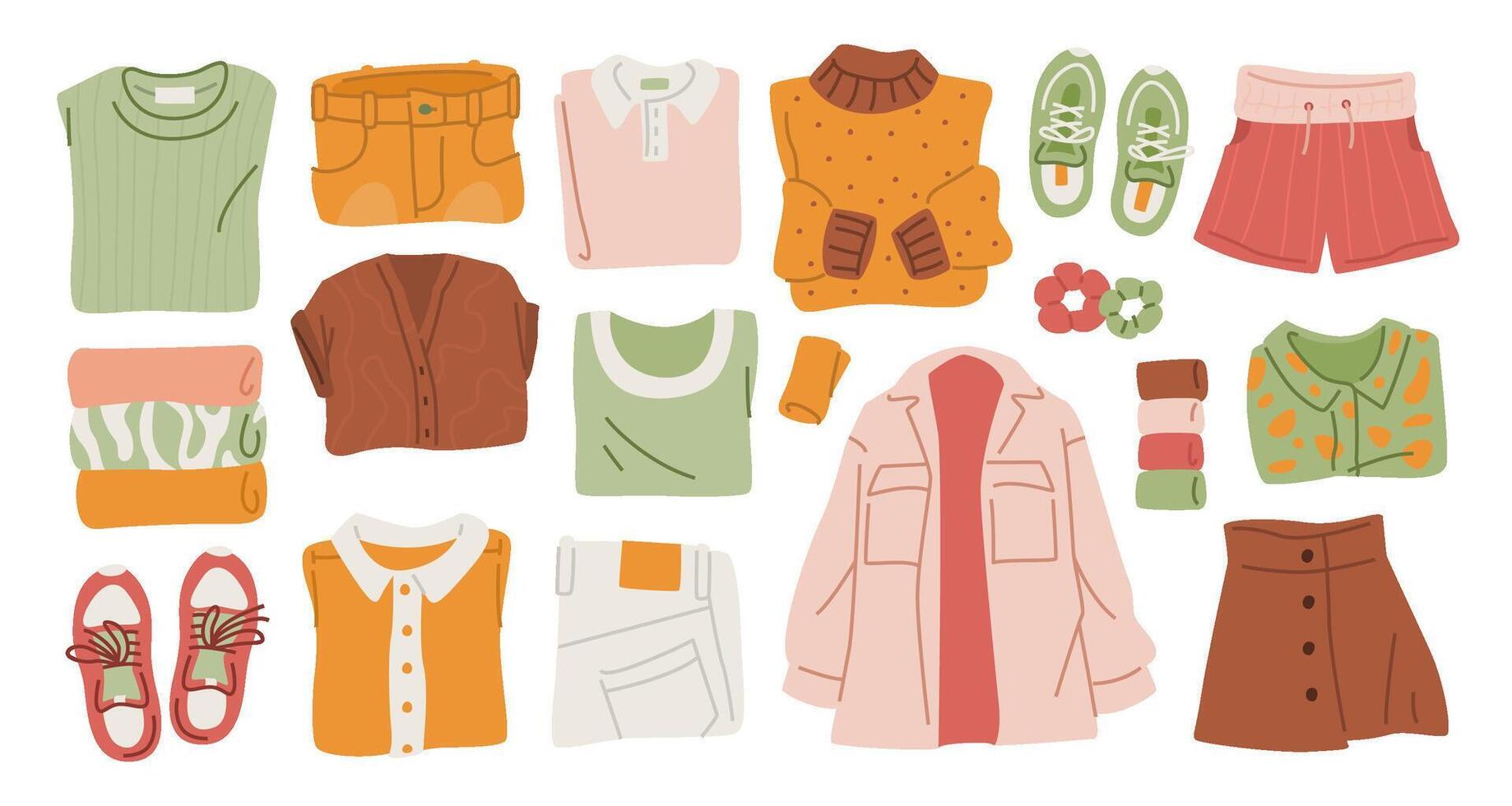 Colorful Casual Clothing Collection. Assorted women garments on white background. Top view of lying folded apparel. Flat vector illustration.