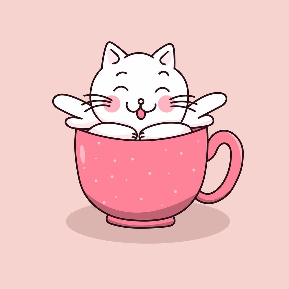 Hand Drawing Illustration Cat In A Mug Smiling vector