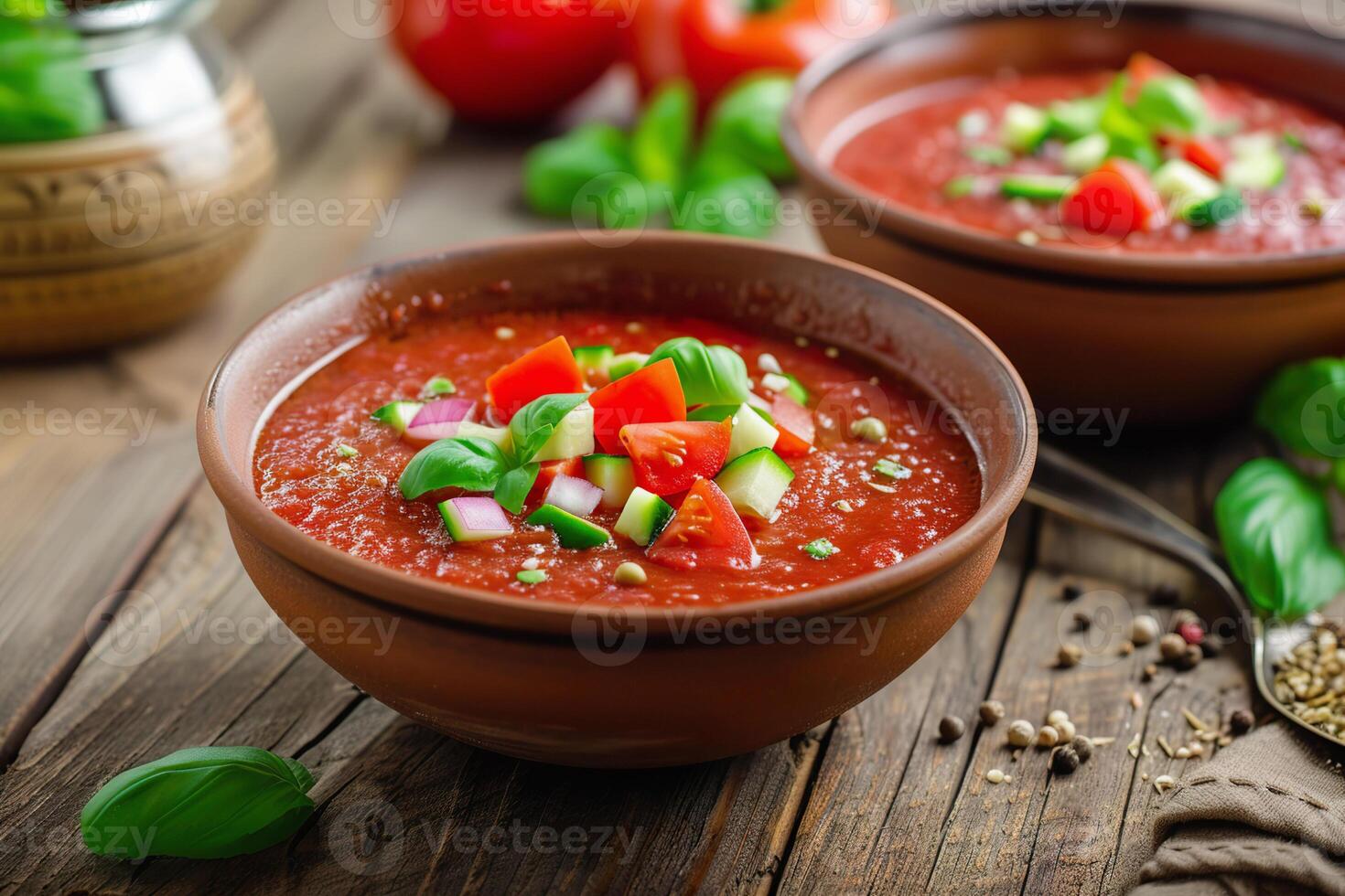 ai generado tradicional gazpacho sopa coronado con cortado en cubitos vegetales y albahaca foto