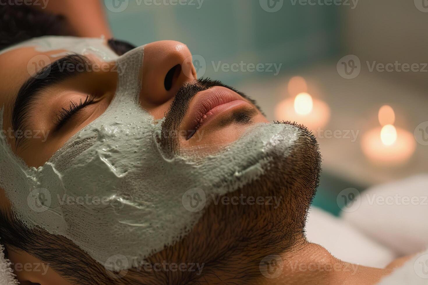 AI Generated Hispanic man relaxing with green facial mask in spa photo