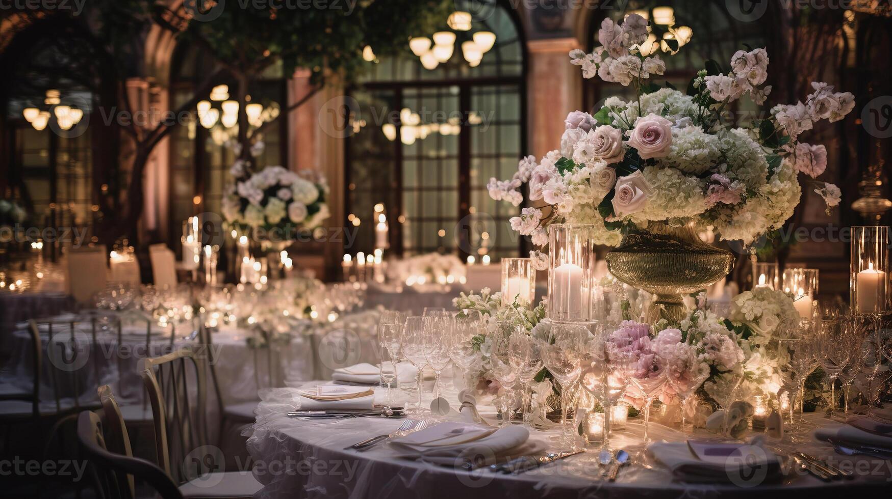 AI Generated Luxurious wedding table setting with floral arrangements and candlelight photo