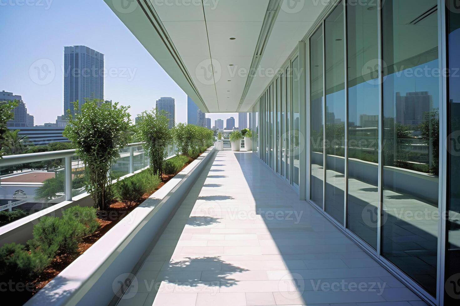 AI Generated Bright sunny day on a sleek terrace overlooking urban skyscrapers photo