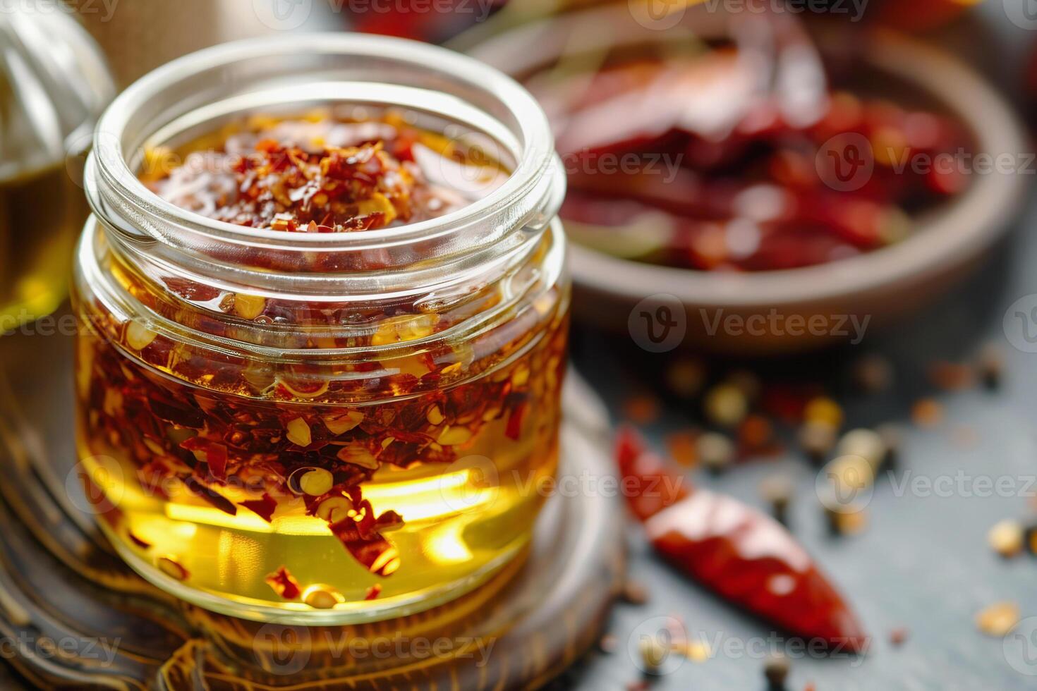 AI Generated Mason jar filled with chili oil on table in home kitchen, copy space photo