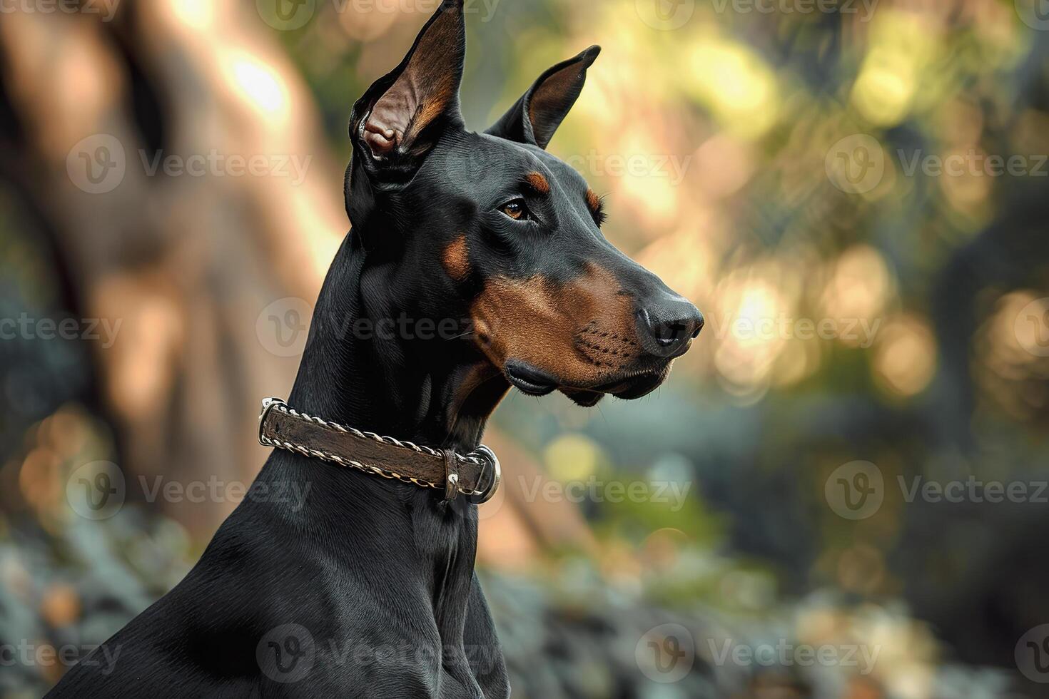 ai generado caballero pinscher se sienta atentamente en un ruta en parque foto