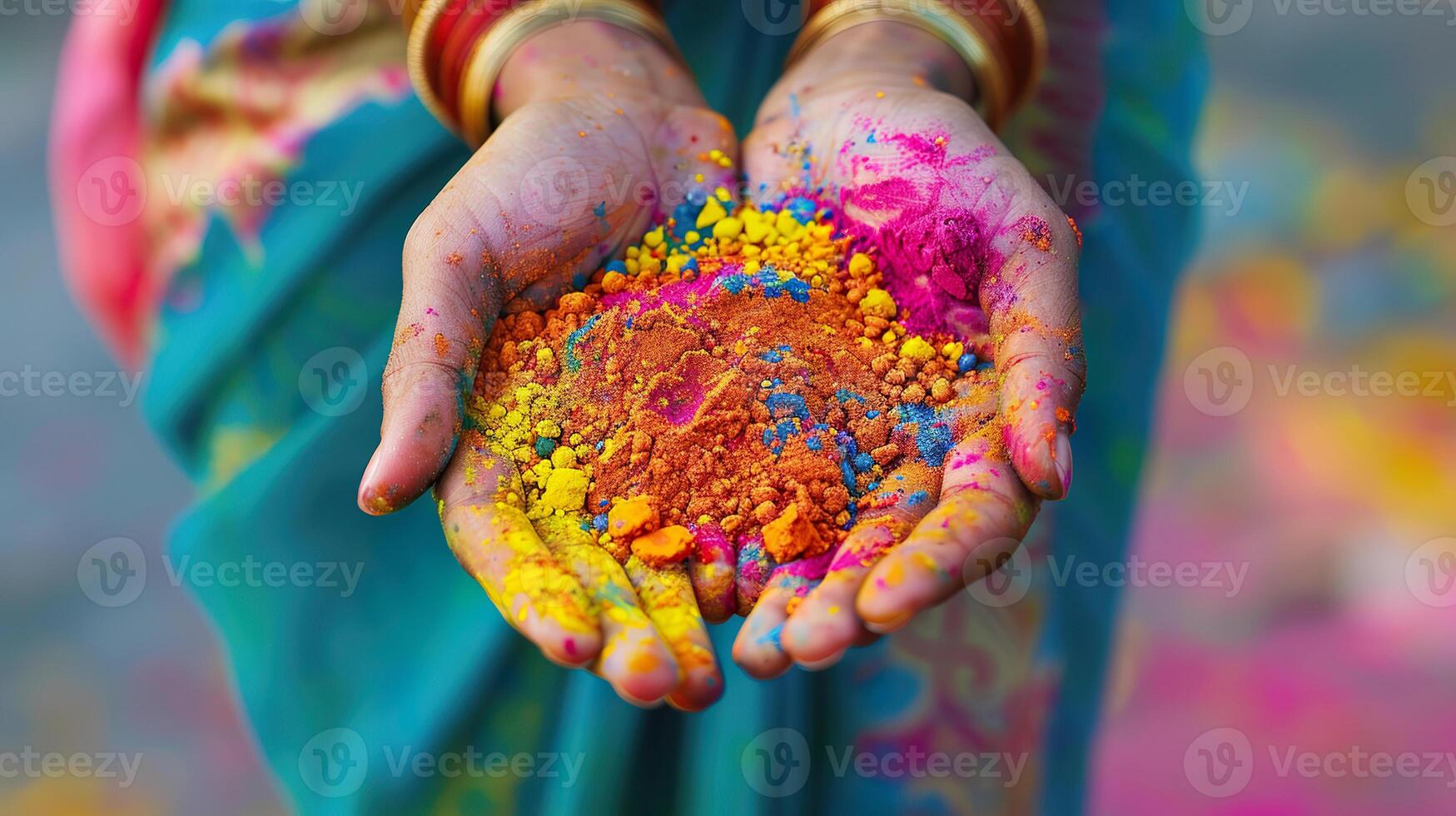 AI Generated Closeup of hands cupping colorful Holi powders, a symbol of joy photo