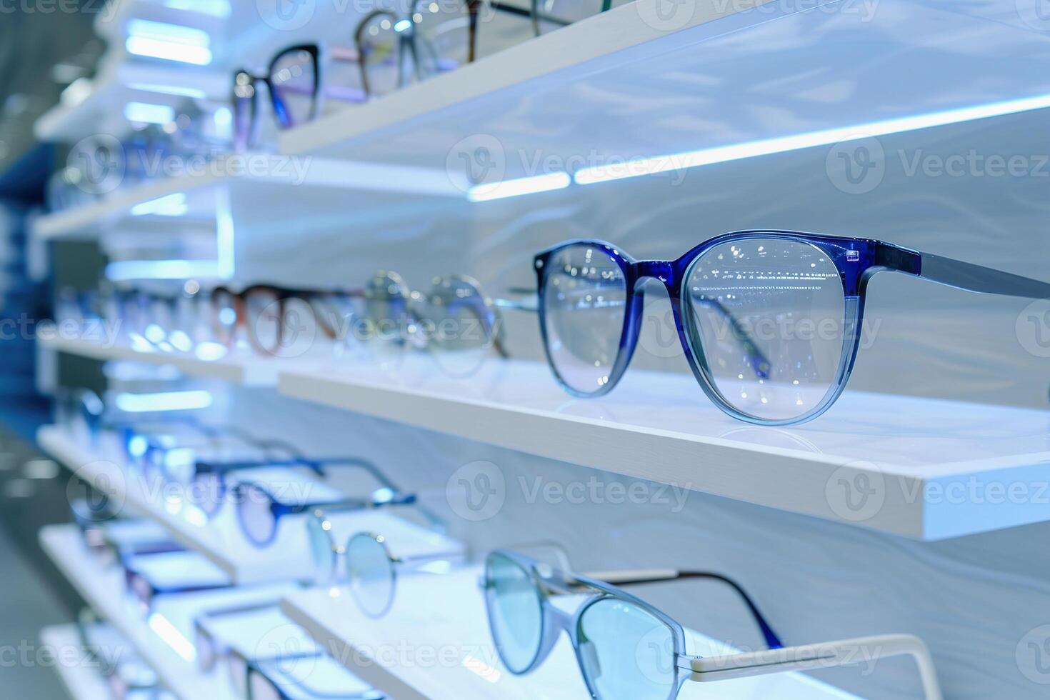 AI Generated Display of eyeglasses. Wide variety of glasses arranged on display shelves inside optic store photo