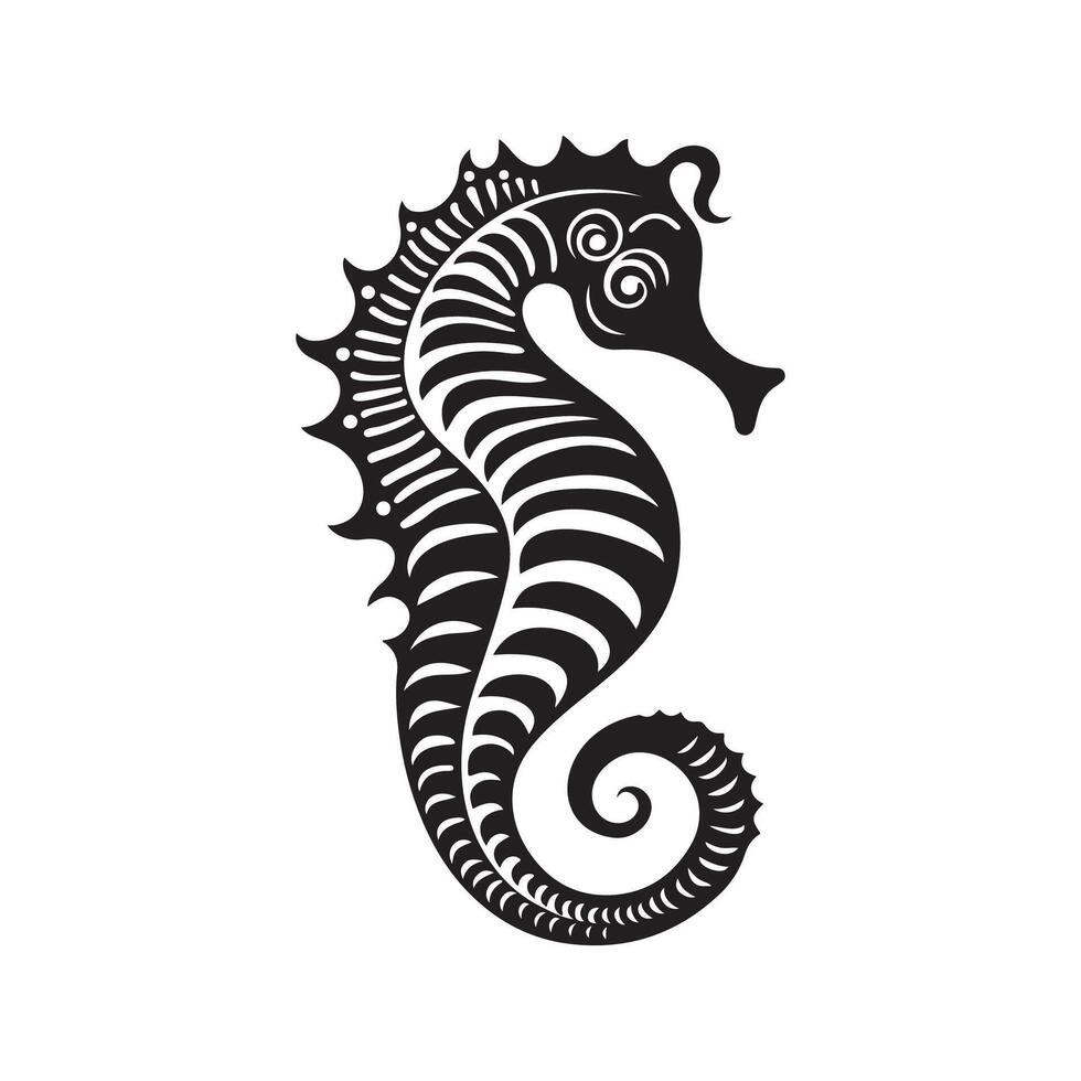 Caballito de mar o caballo de mar mascota vista lateral en blanco y negro vector