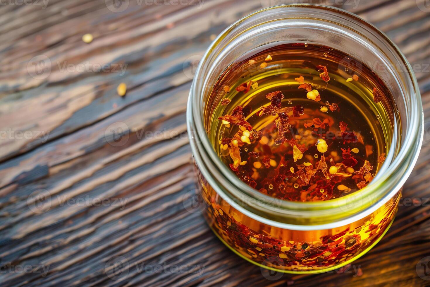 AI Generated Mason jar filled with chili oil on table in home kitchen, copy space photo