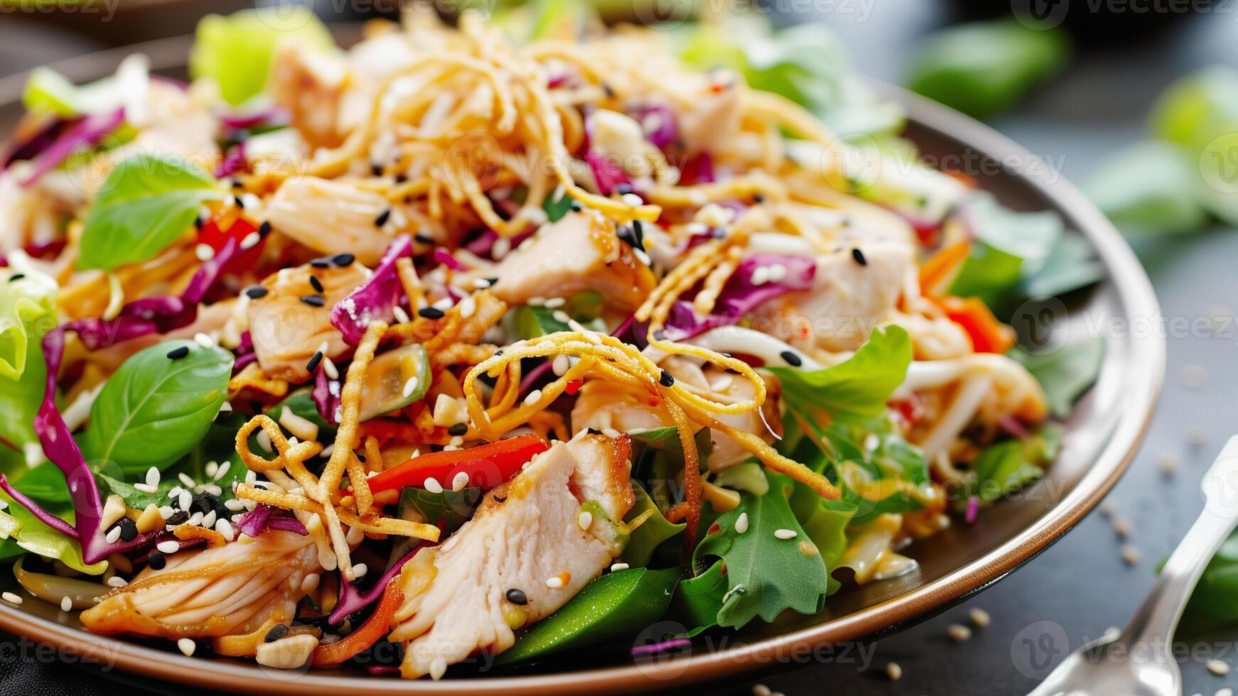 AI Generated Asian Chicken Salad with shredded chicken, lettuce, various vegetables, crispy noodles, sesame seeds photo