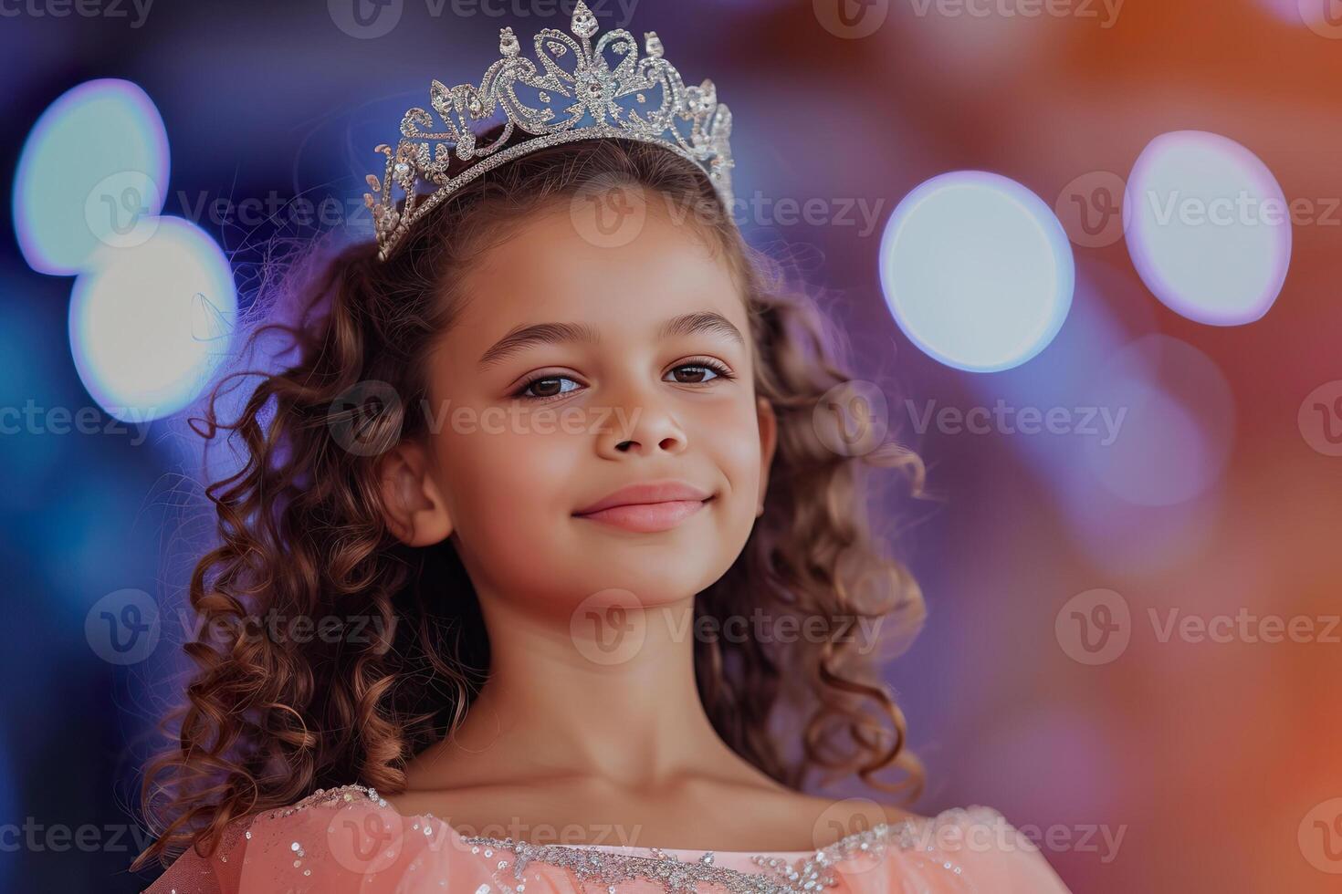 AI Generated Beauty pageant contest. 12 years old Hispanic girl in tiara, winner on stage photo