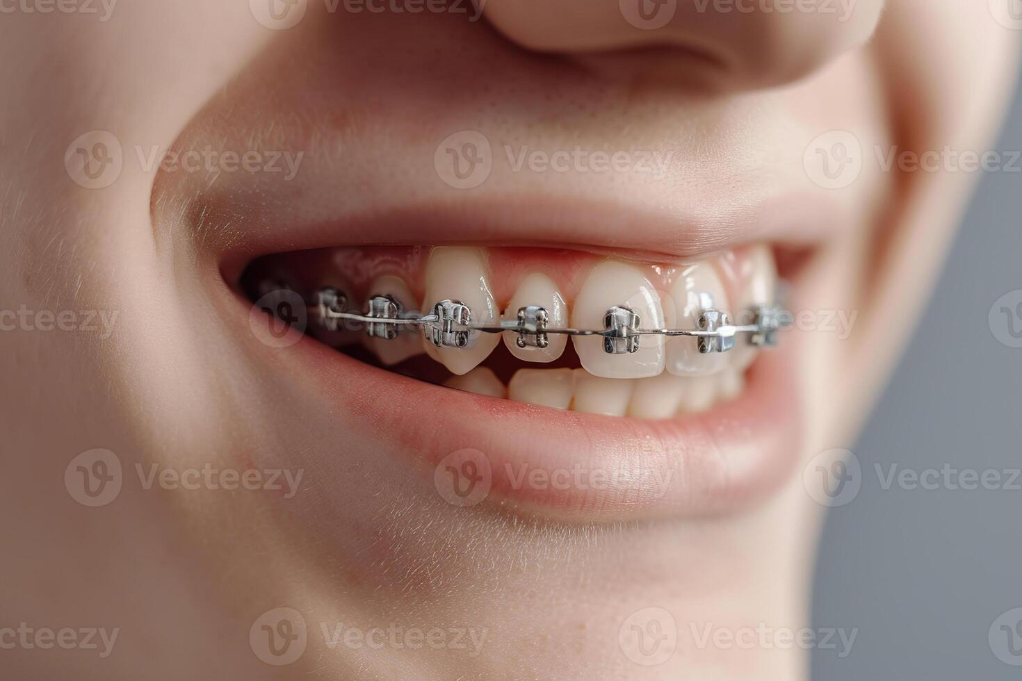 AI Generated Man teeth with clear brackets and metal wires, close up photo