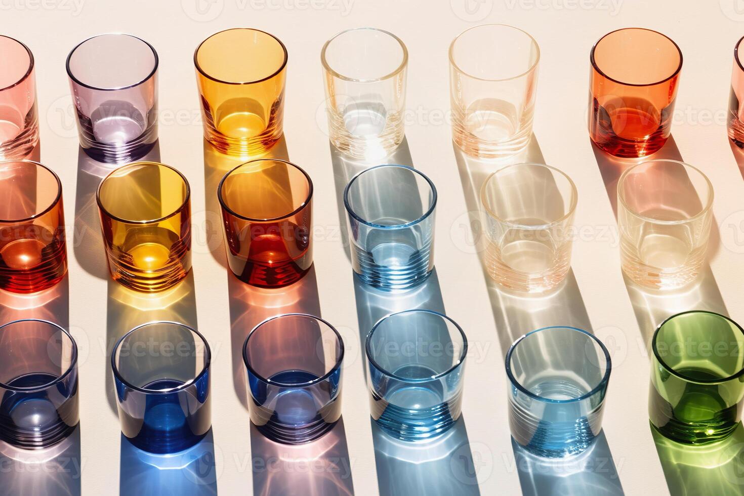 AI Generated Colorful empty glasses on white. Light and shadow, different shapes and color photo