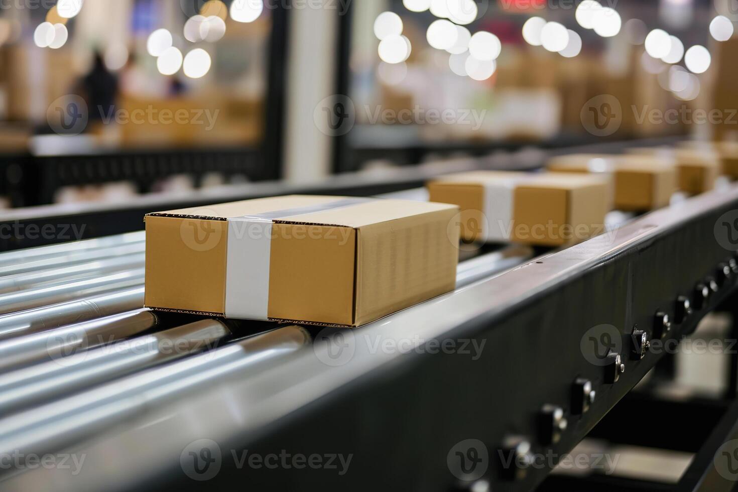 AI Generated Parcel packaging on conveyor belt in distribution warehouse photo