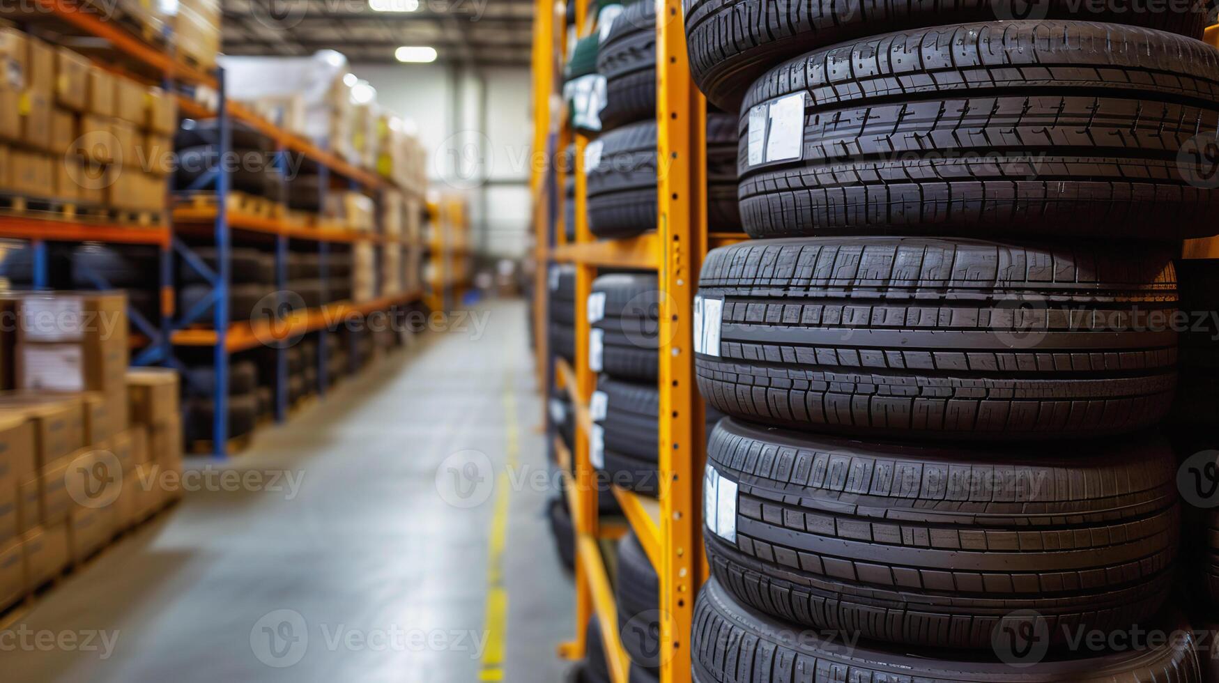 AI Generated Stacked New Tires arranged in rows in Automotive Warehouse, close up photo