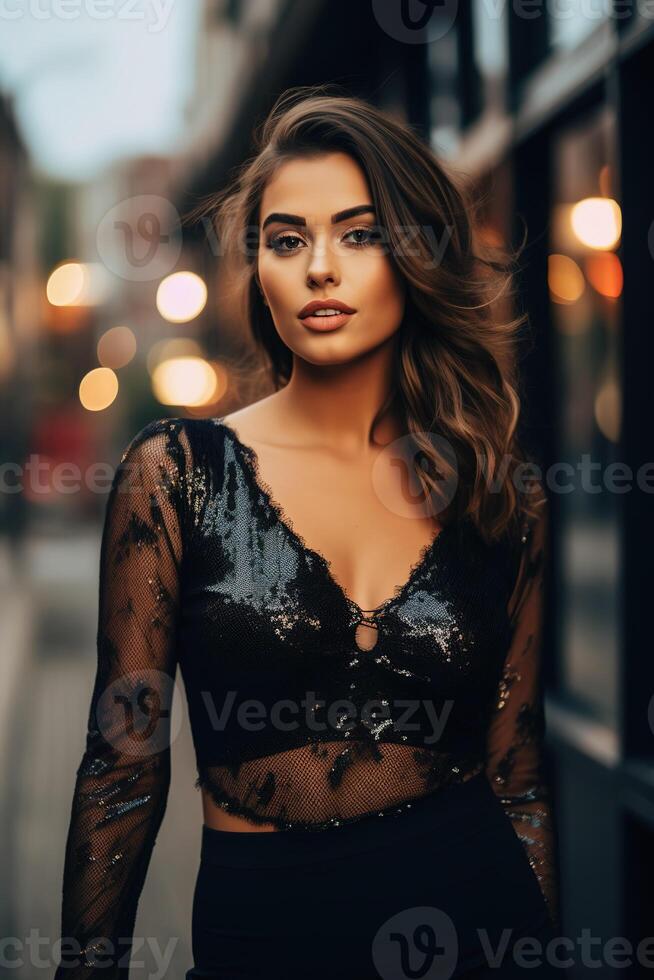 AI Generated Glamorous woman in black sequin top and elegant makeup on urban street at dusk photo