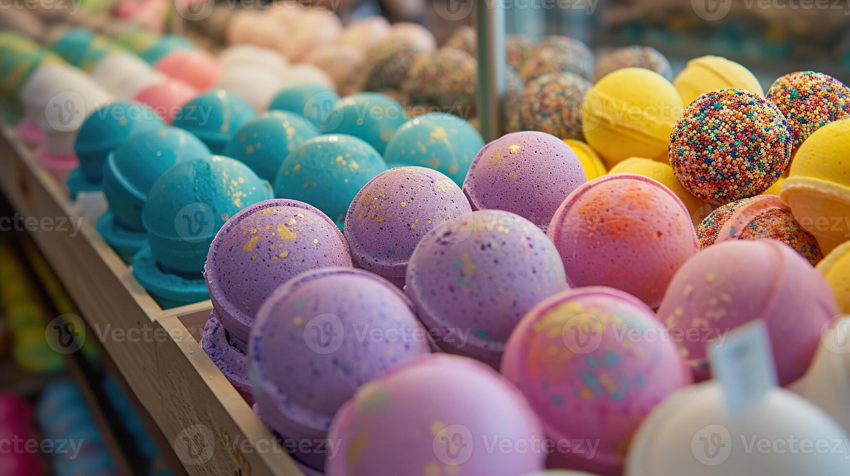 AI Generated Vibrant selection of handmade bath bombs aligned for sale at market photo
