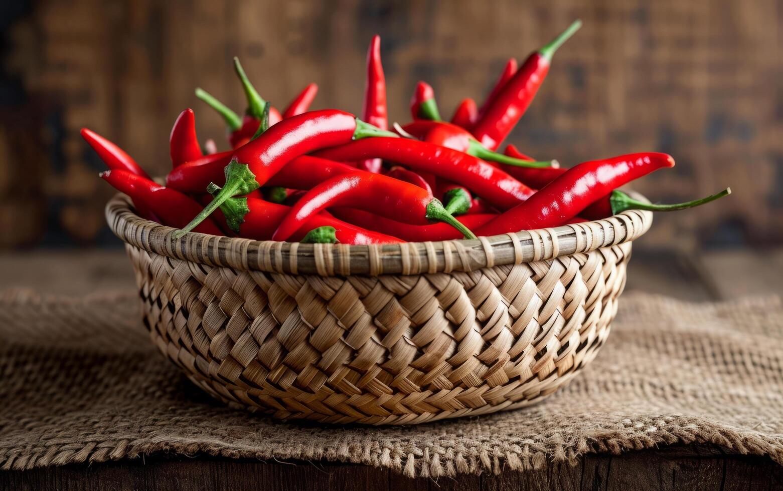 AI generated An old fashioned basket packed with vivid red chilies photo