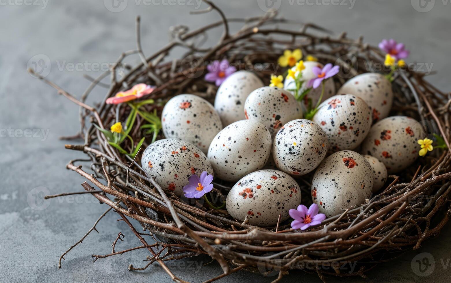 AI generated Cottage inspired Nest with Eggs Decorated in Floral Patterns photo