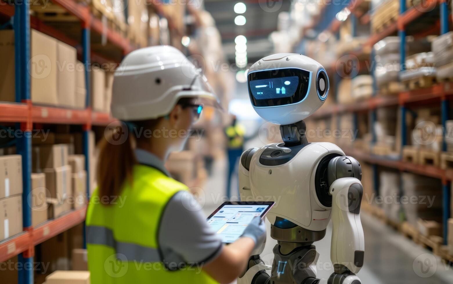 AI generated Humanoid Robot Helps Worker in Warehouse Operations photo